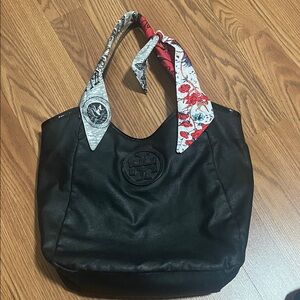 Tory burch Black Tote Bag with Floral Scarf Accent